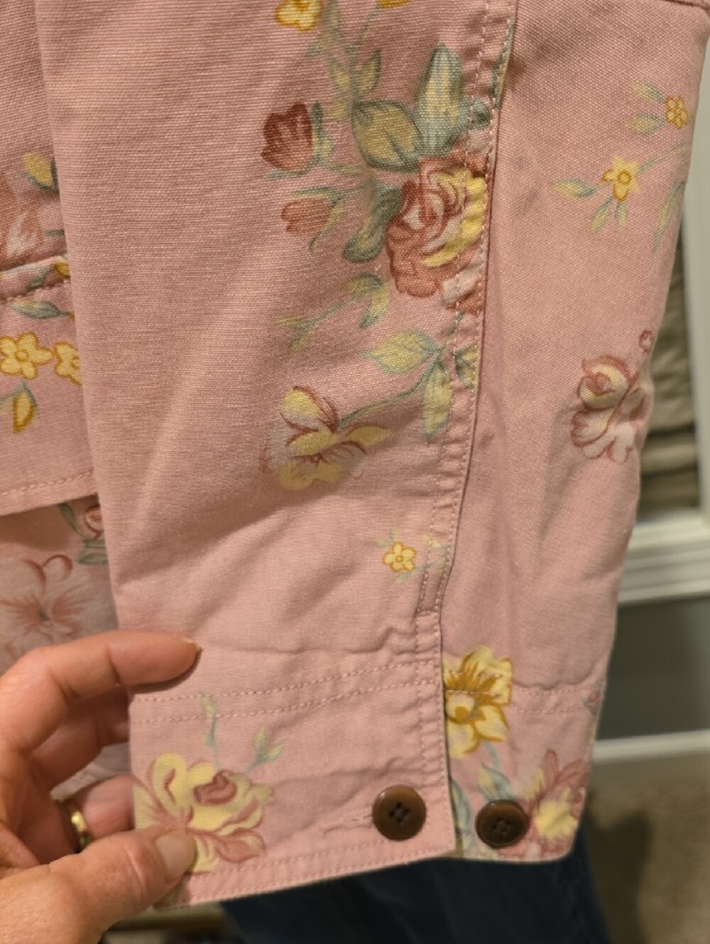 L.L. Bean Pink Floral Utility Jacket with Brown Corduroy Collar - Picture 2 of 4